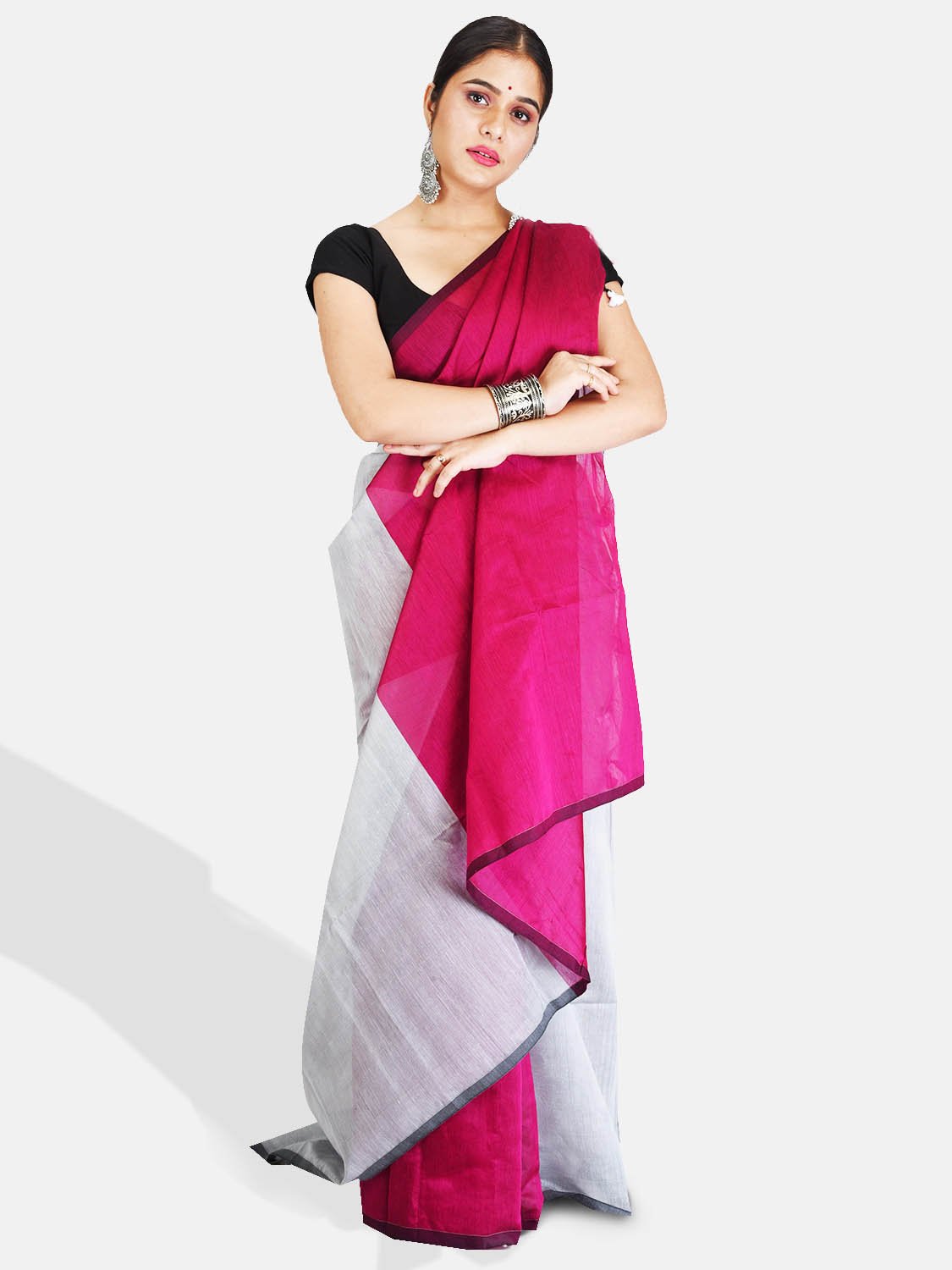 Women`s Cotton Silk and Bengal Soft Khadi Cotton Mix Ghicha Handloom Saree With Blouse Piece (Grey Deep Pink)